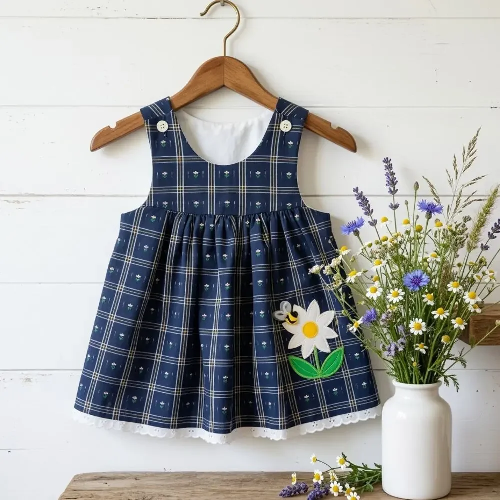 Vintage 1980s Good Lad Blue Daisy & Bumblebee Jumper Dress | Baby 18 M | NWT